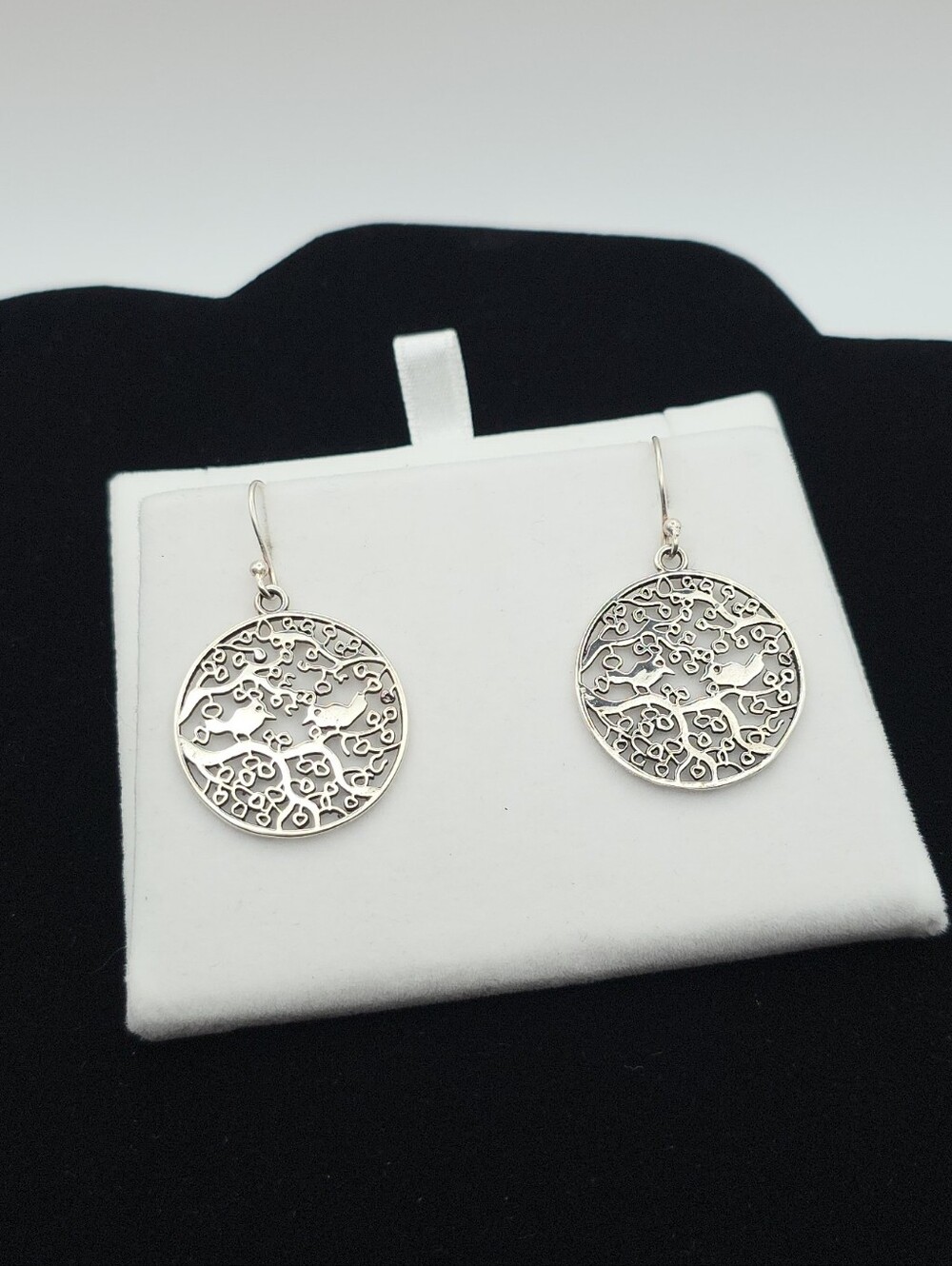 Vintage 925 Sterling Silver Tree Of Life Birds Disc Medallion Dangle Earrings